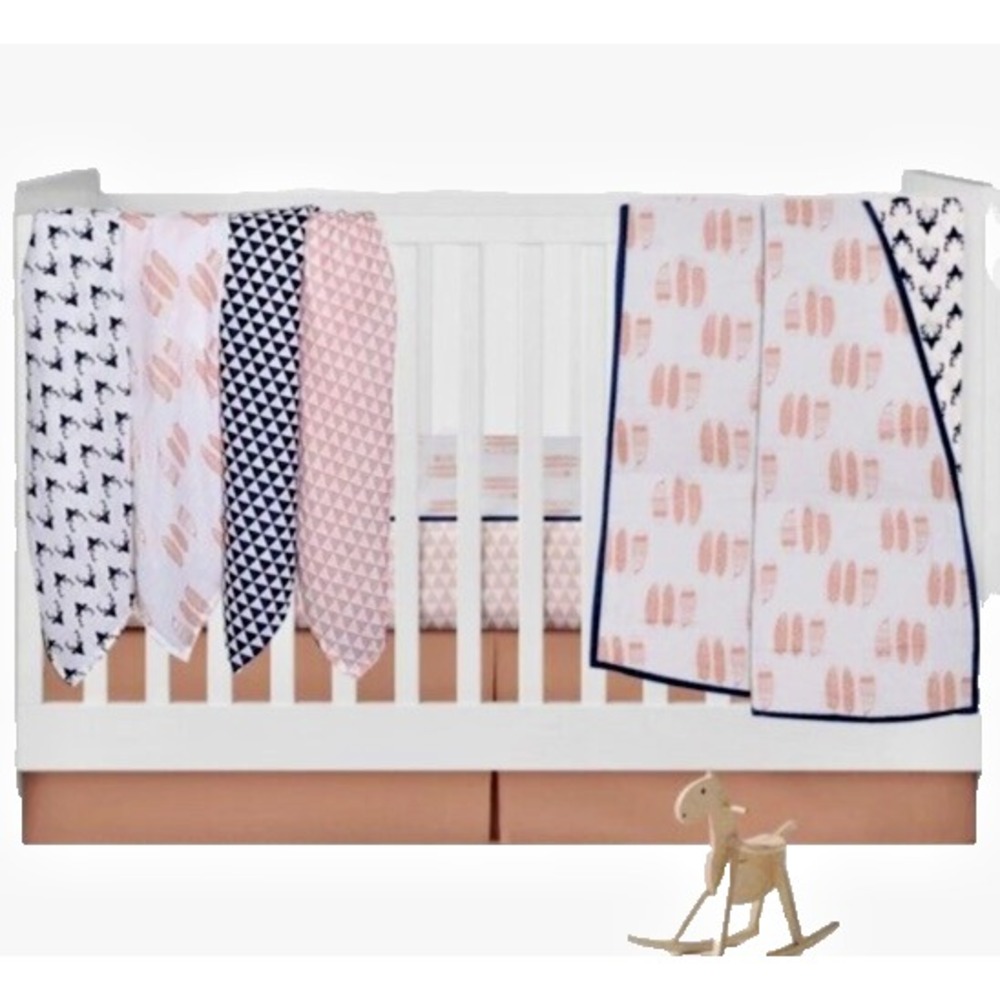 Bacati Crib Bedding Set Feathers Buck Coral Navy Muslin Blanket Sheet MFBCN3CSN